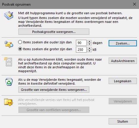 Outlook postvak opruimen dialoog